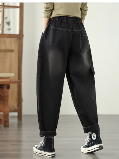 Playful Graphic Relaxed Women's Denim Pants with Elastic Waist and Pockets