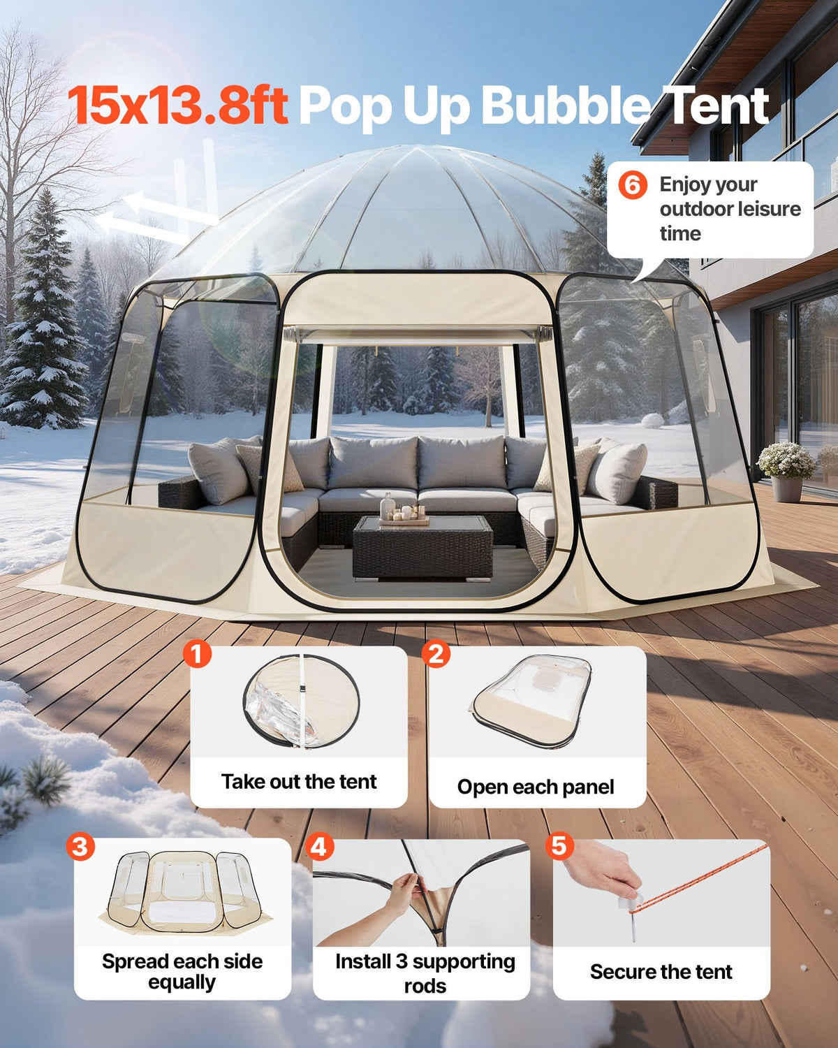 Clear Bubble Dome Tent | 15x13.8 FT Pop-Up Igloo for 12-15 People | 540° View
