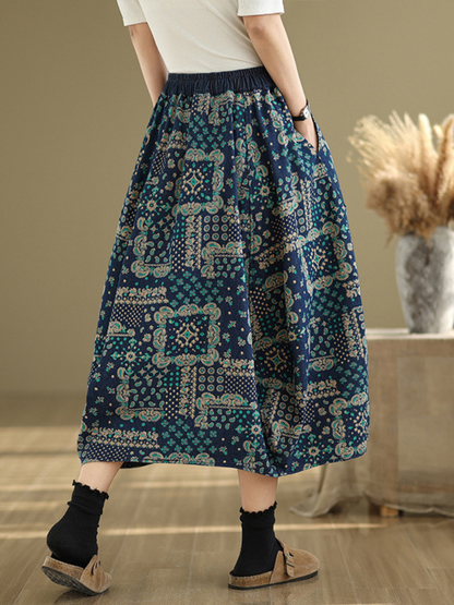 Women's Casual Loose Waist  Flower Bud Retro Side Pocket Skirt