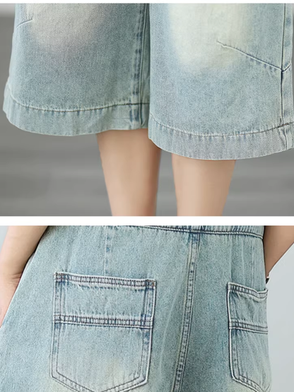 Relaxed Culotte Denim Overalls with Adjustable Straps in Soft Cotton