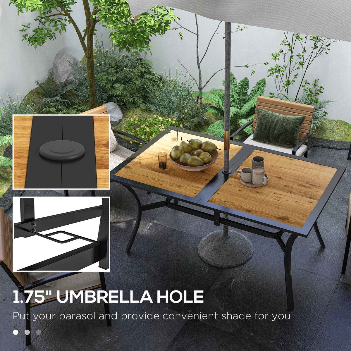 Rectangular Patio Dining Table for 6 | Faux Wood with Umbrella Hole, 59x35.5"
