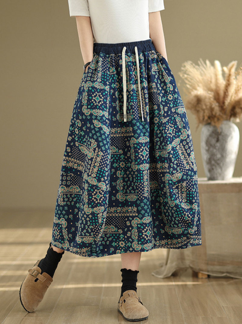 Women's Casual Loose Waist  Flower Bud Retro Side Pocket Skirt