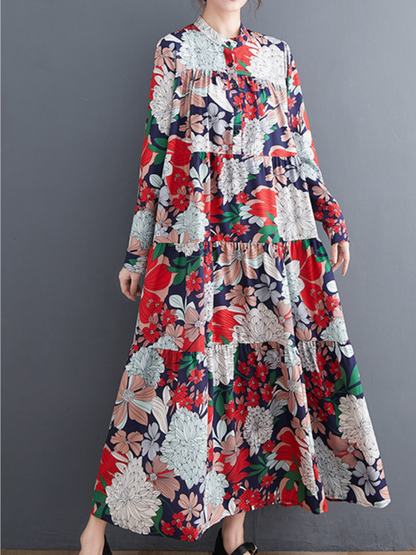 Vintage Floral Tiered Maxi Dress in Soft Polyester, Effortless Elegance