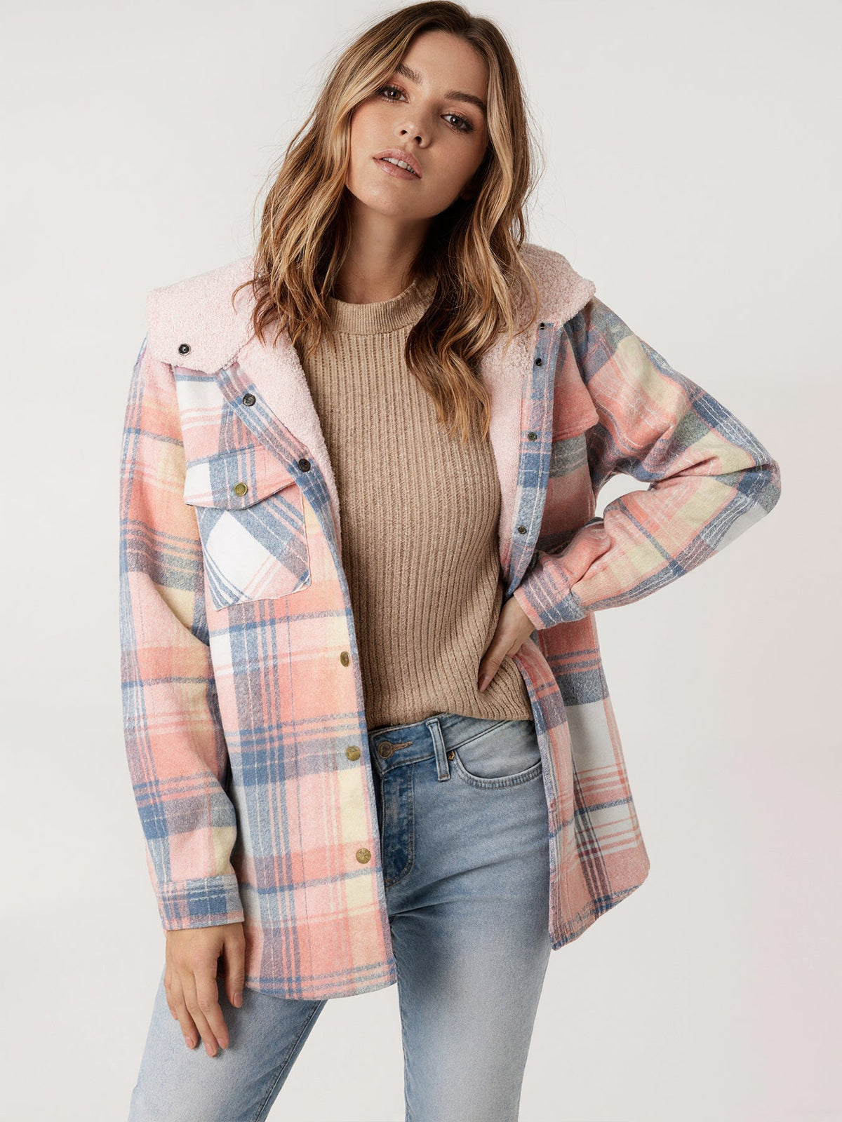 Women's Fleece-Lined Plaid Hooded Jacket with Pockets – Pink