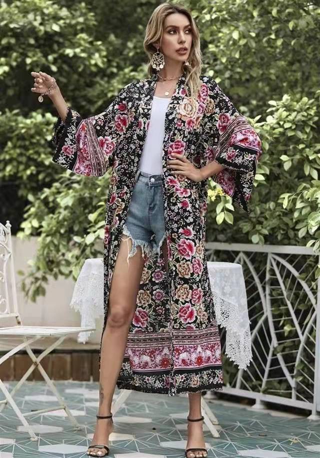 Partywear Floral Print Black Color Cotton Long Length Gown Kimono Duster