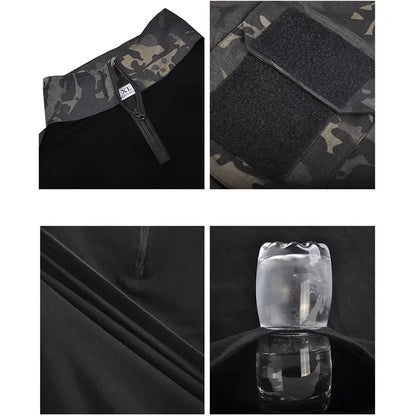 Black Camo Training Set Mens Half Zip Combat Tops Waterproof Tactical Suit Elastic Multiple Pockets Quick Drying 3-pcs