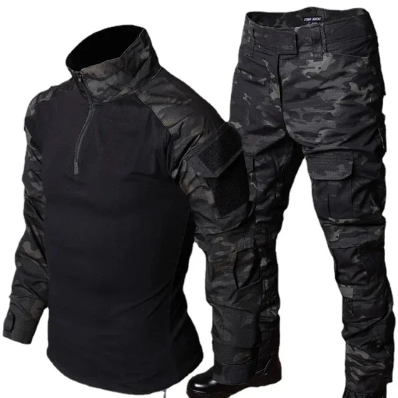 Black Camo Training Set Mens Half Zip Combat Tops Waterproof Tactical Suit Elastic Multiple Pockets Quick Drying 3-pcs
