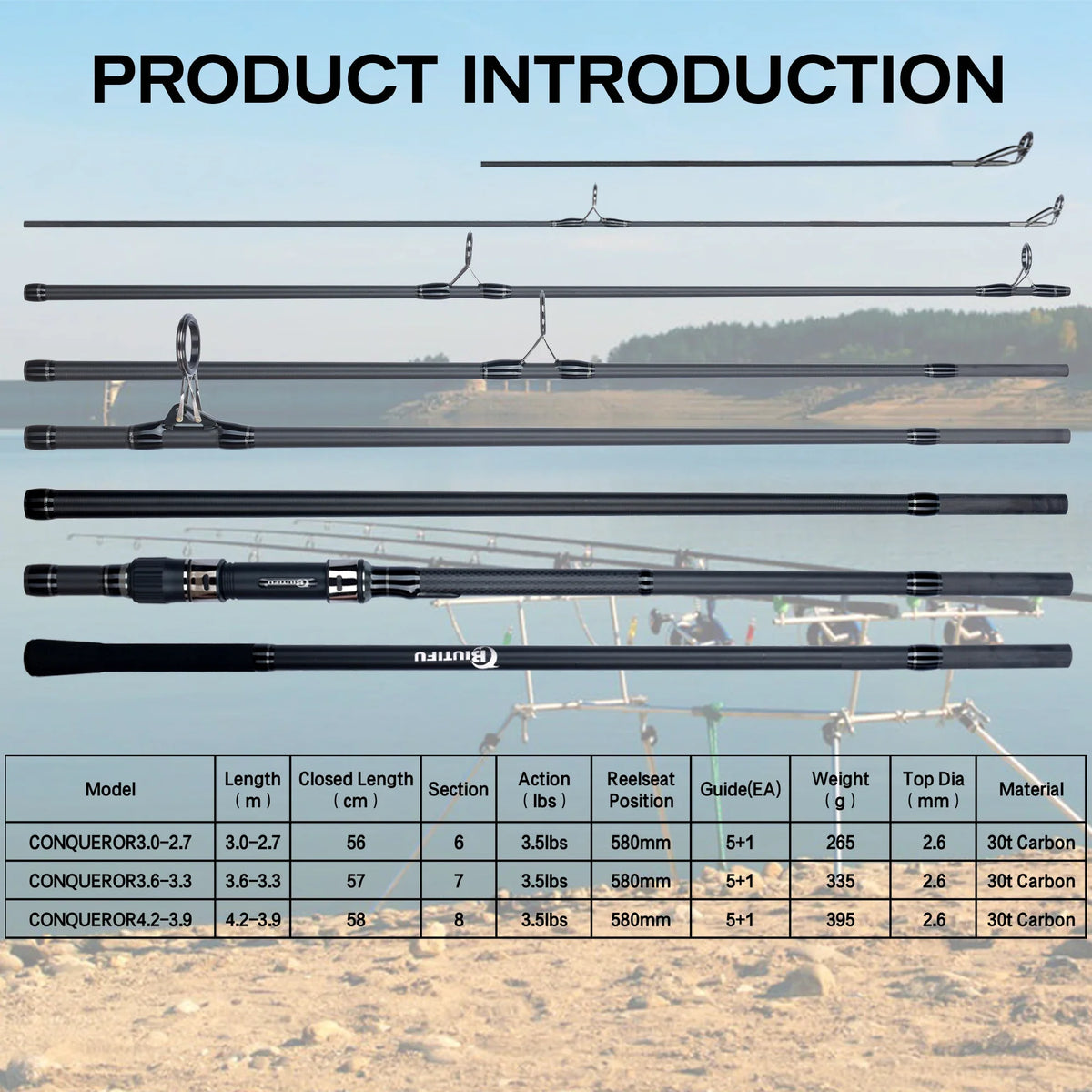 BIUTIFU 2Tips Carp Fishing Rod 3.5lb 7Sections 4.2/3.6/3.0m 30t Carbon Fiber Travel Throwing 60-150m Shore Casting Spinning Pole