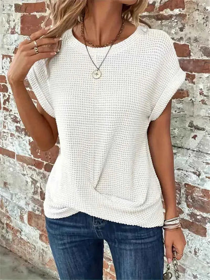 2024 New cross-border solid color round-collar T-shirt elegant short-sleeved twisted top spring and summer women's wear