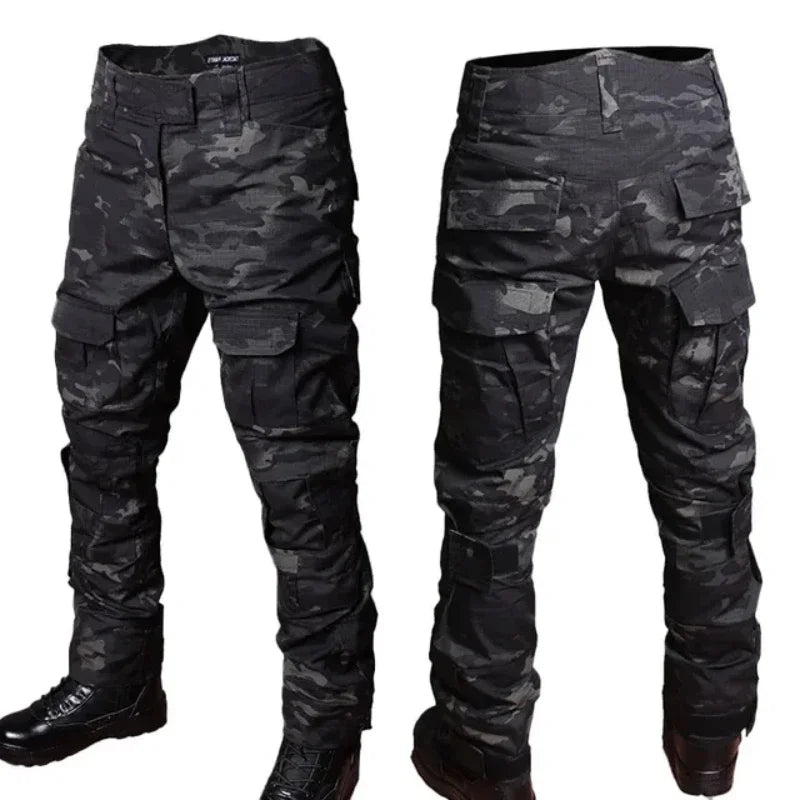 Black Camo Training Set Mens Half Zip Combat Tops Waterproof Tactical Suit Elastic Multiple Pockets Quick Drying 3-pcs