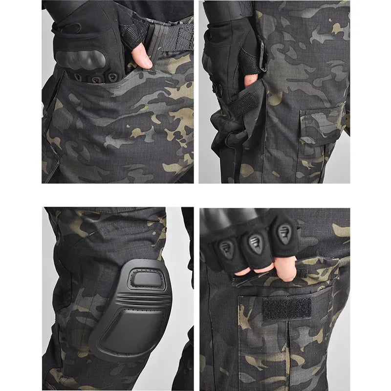 Black Camo Training Set Mens Half Zip Combat Tops Waterproof Tactical Suit Elastic Multiple Pockets Quick Drying 3-pcs