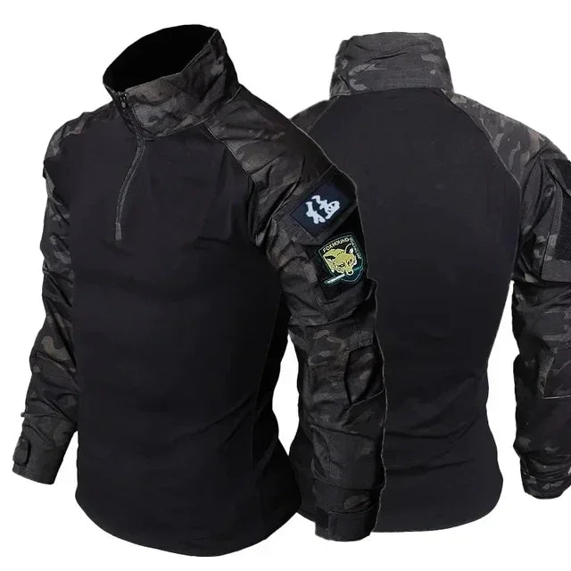 Black Camo Training Set Mens Half Zip Combat Tops Waterproof Tactical Suit Elastic Multiple Pockets Quick Drying 3-pcs
