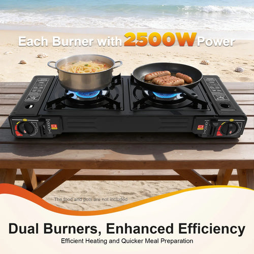 2500W Portable Camping Stove 2 Burners Camping Stove with Baking Tray&Portable Case use  Butane or LPG Home Application Outdoor