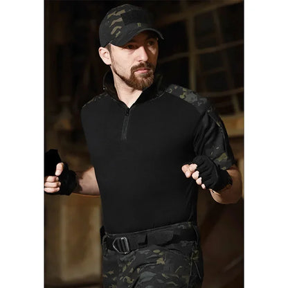 Black Camo Training Set Mens Half Zip Combat Tops Waterproof Tactical Suit Elastic Multiple Pockets Quick Drying 3-pcs
