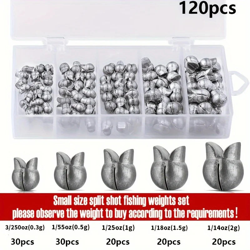60/120pcs Fishing Weights Kit,Premium Split Shot Sinkers with 5 Versatile Sizes, Round Removable Design, Perfect for Freshwater