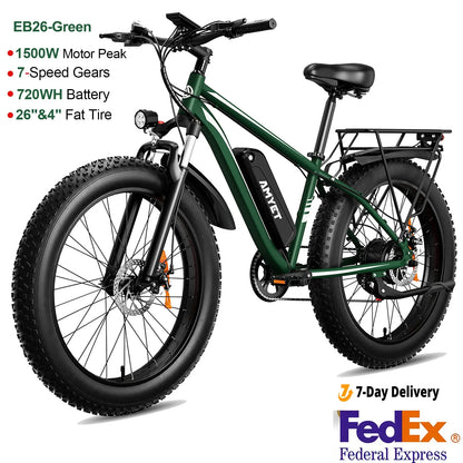 AMYET Electric Bike EB26 Blue Adults Electric Bicycle 28mph Peak 1500W 720WH Ebike 26" Fat Tire Mountain Bike Electric Dirt Bike