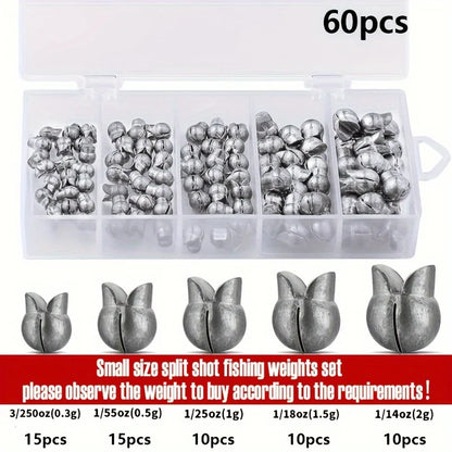 60/120pcs Fishing Weights Kit,Premium Split Shot Sinkers with 5 Versatile Sizes, Round Removable Design, Perfect for Freshwater