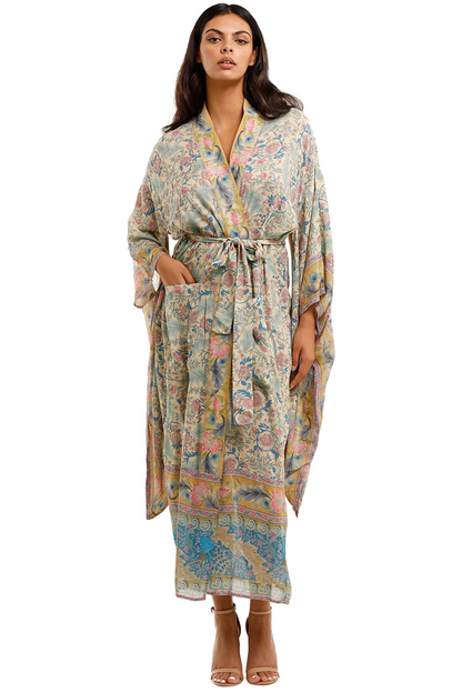 Women's Long Kimono Floral Print Green Color Cotton Viscose Long Length Gown Kimono Duster Robe