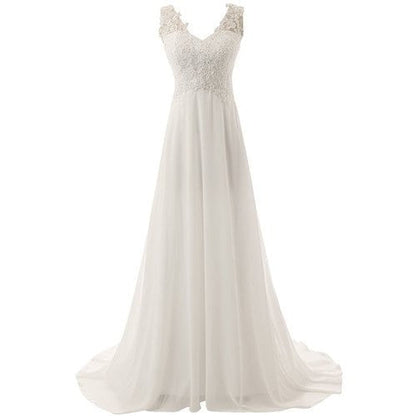 Affordable simple wedding dress for bride with elegant lace detailing and flowing chiffon skirt
