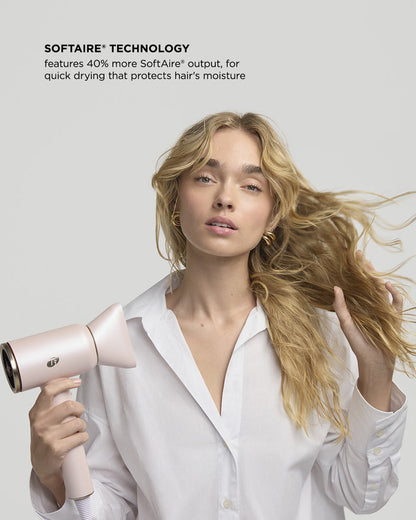 Woman using a hair dryer with text about SOFT'AIRE technology on a light gray background