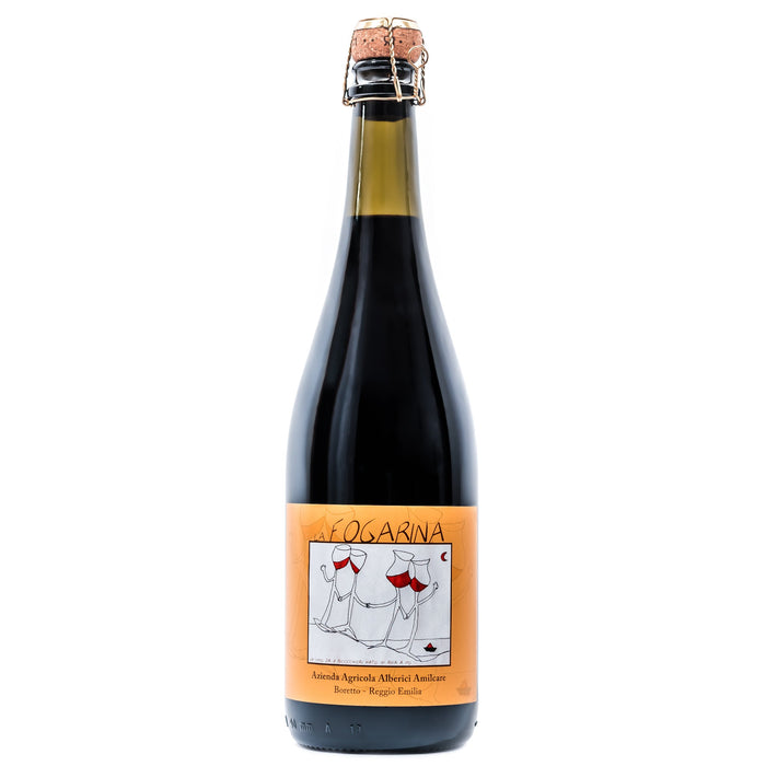 Alberici Lambrusco La Fogarina 2020 wine bottle with cork and illustrated label