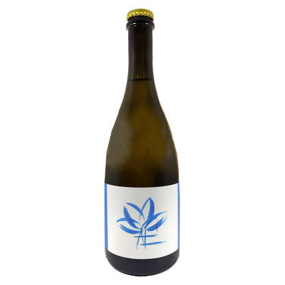 White wine bottle with gold foil top, dark glass, blue logo label