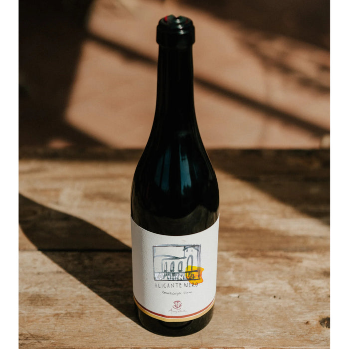 Wine bottle on wooden surface, dark glass, Alicante label facing camera