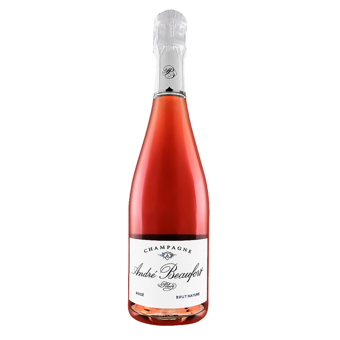 Andre Beaufort Polisy Rosé champagne bottle with foil wrap and white label