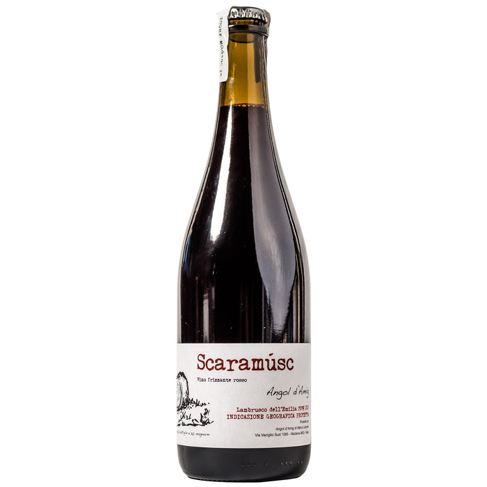 Lambrusco wine bottle with dark glass and Scaramusc label and crown cap