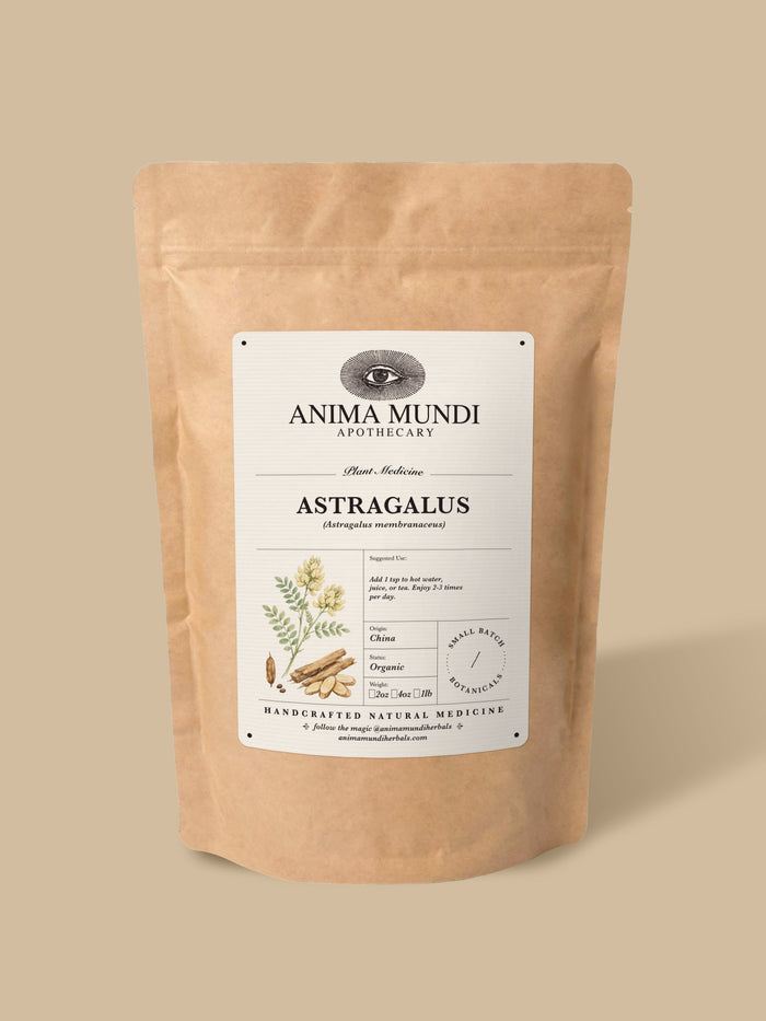 A kraft paper stand-up pouch of Anima Mundi Apothecary Astragalus herbal supplement, shown on a solid beige background.