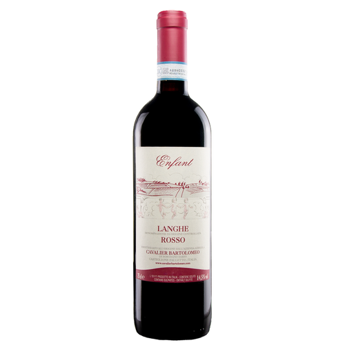 Langhe Rosso red wine bottle with red foil top and cream label