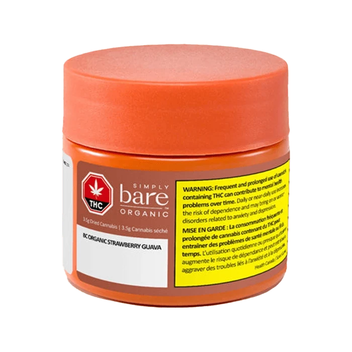 Front view of the BC Organic Strawberry Guava container with a white label and colorful fruit illustration.