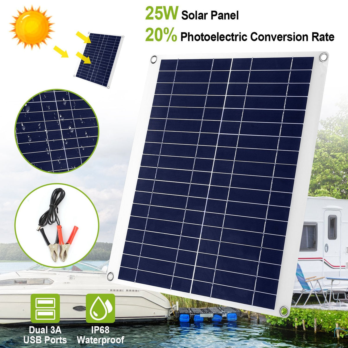 25W Flexible Solar Panel Charger – IP68 Waterproof, 12V with Dual USB Ports for RV, Car, Boat & Camping