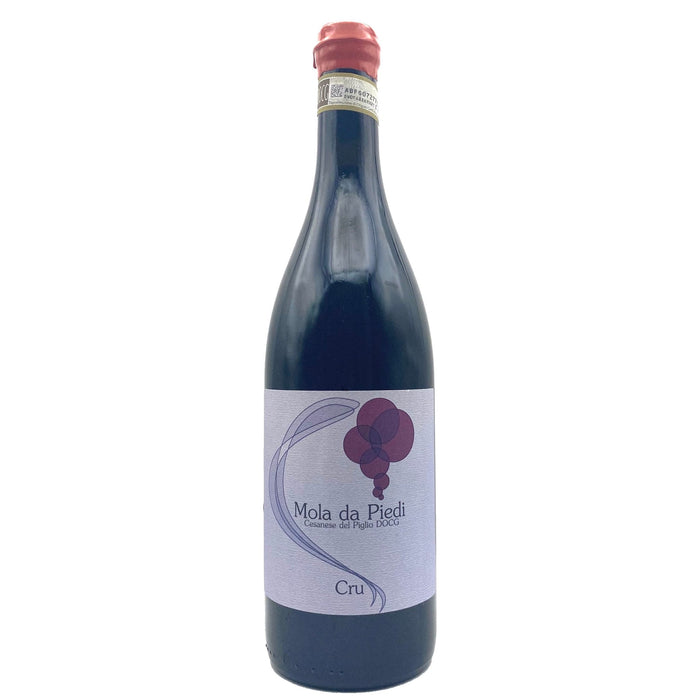Berucci Cru wine bottle with red cap, dark glass, and a purple flower label