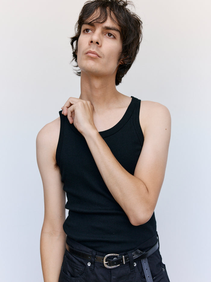 Black Cotton Random Teleco Rib Tank Top