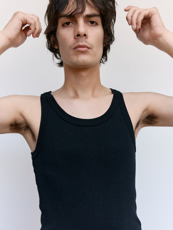 Black Cotton Random Teleco Rib Tank Top