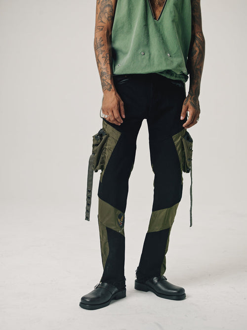 Black Denim Up-cycled Military Combine Jeans | Old Park | DEPARTAMENTO