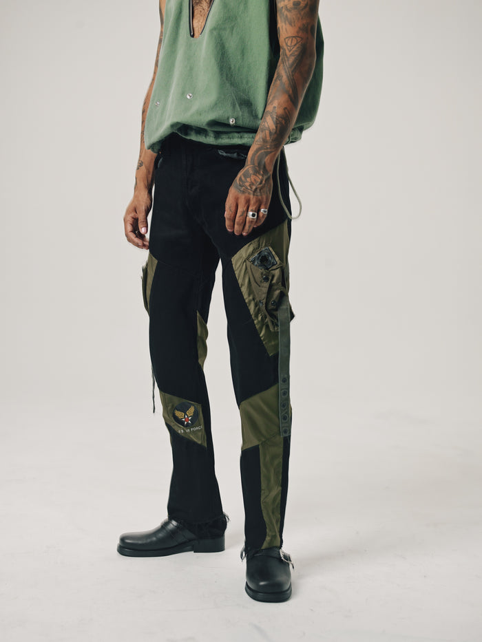 Black Denim Up-cycled Military Combine Jeans | Old Park | DEPARTAMENTO