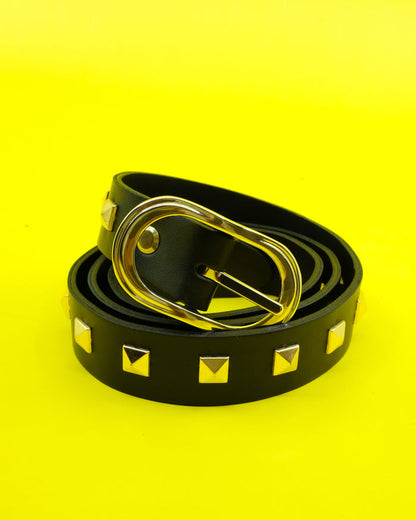Black & Gold Studded Skinny Leather Belt