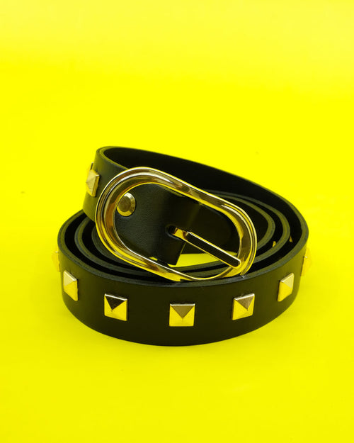 Black & Gold Studded Skinny Leather Belt