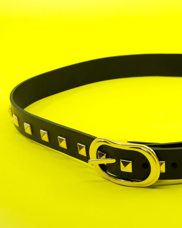 Black & Gold Studded Skinny Leather Belt