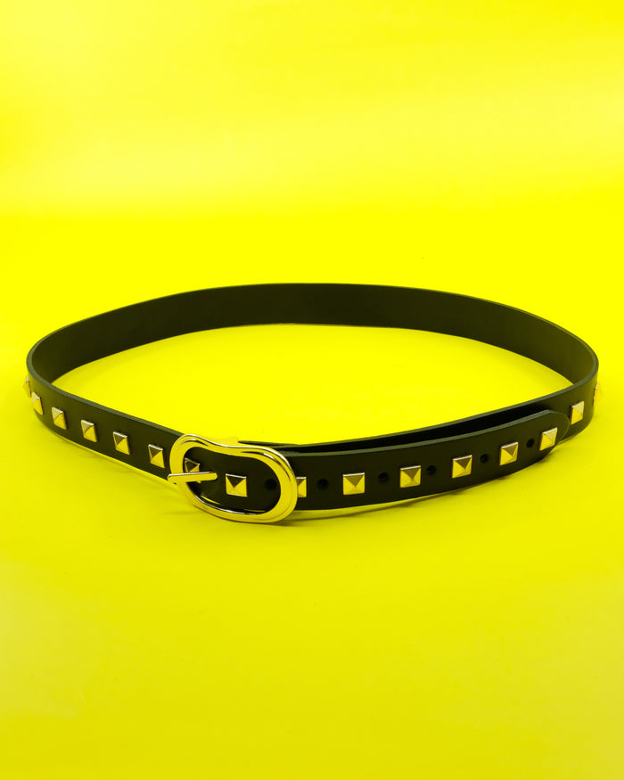 Black & Gold Studded Skinny Leather Belt