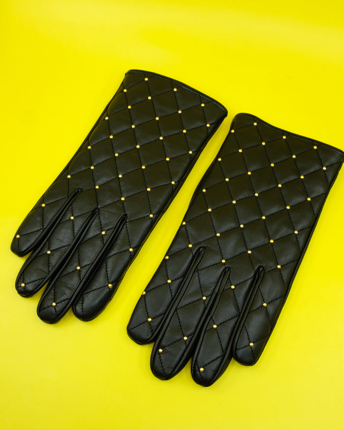 Black Lamb Leather W/ Gold Studs Quilted Gloves