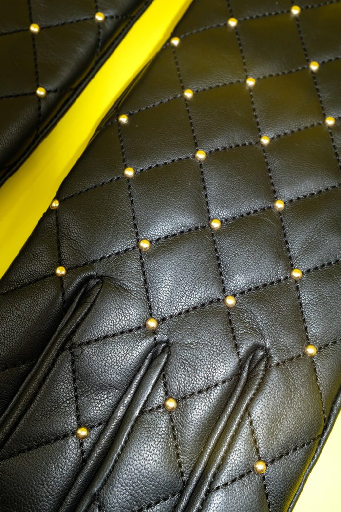 Black Lamb Leather W/ Gold Studs Quilted Gloves