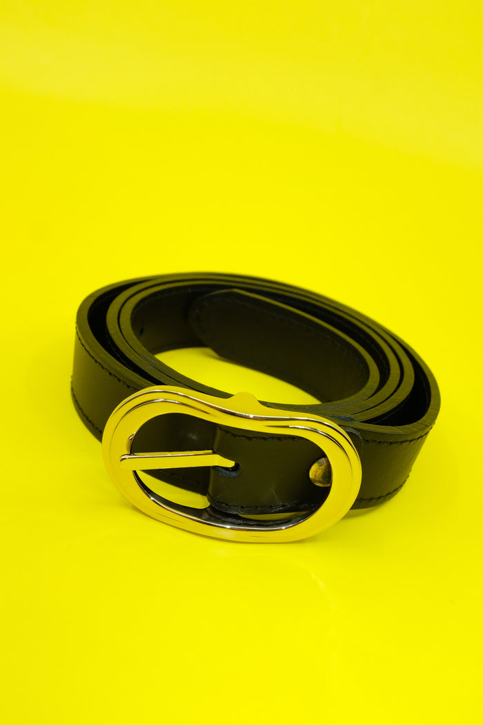 Black Leather Belt W/ Gold Buckle | Ernest W. Baker | DEPARTAMENTO