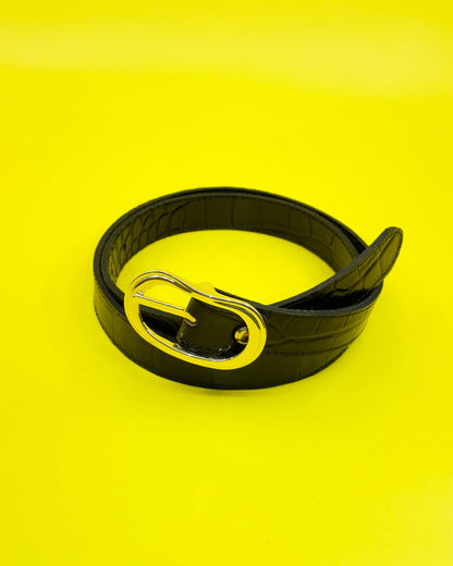 Black Leather Crocodile Belt W Gold Buckle