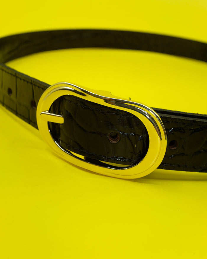 Black Leather Crocodile Belt W Gold Buckle