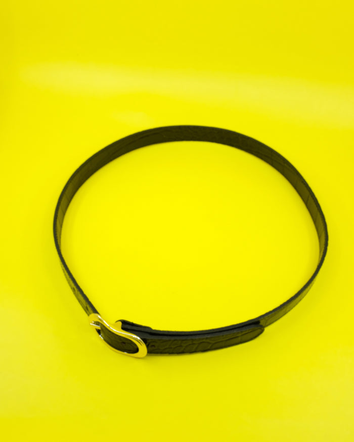 Black Leather Crocodile Belt W Gold Buckle