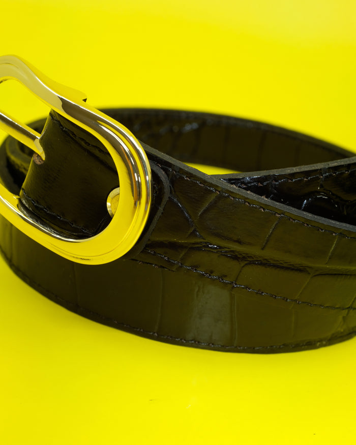 Black Leather Crocodile Belt W Gold Buckle