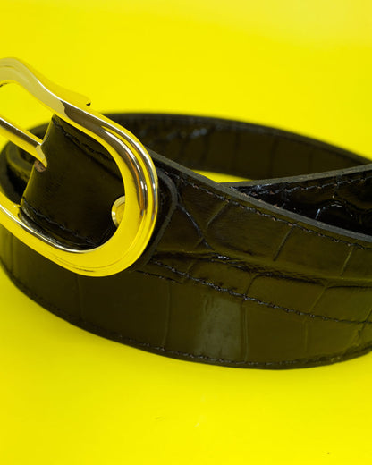 Black Leather Crocodile Belt W Gold Buckle